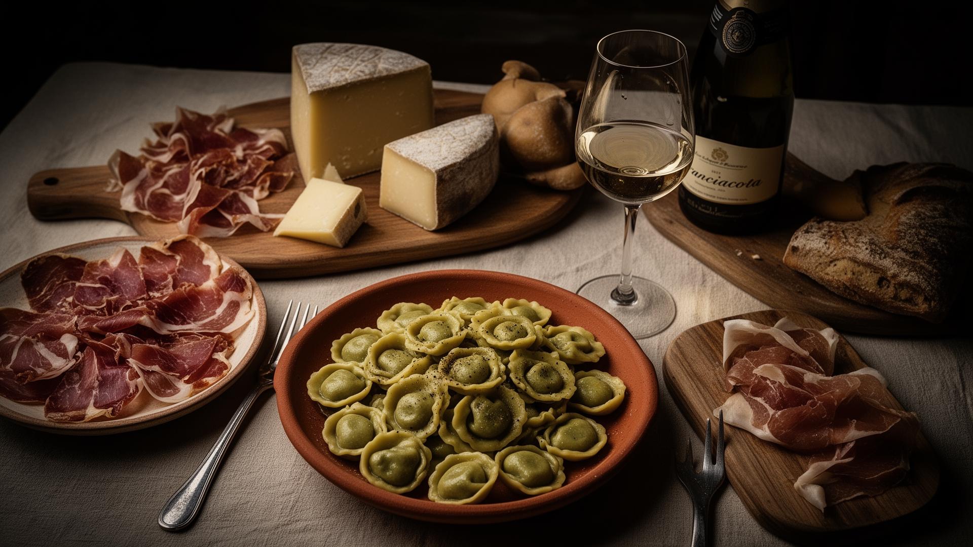 Tavola bresciana con casoncelli, formaggi, salumi e un calice di Franciacorta — eccellenze gastronomiche di Brescia
